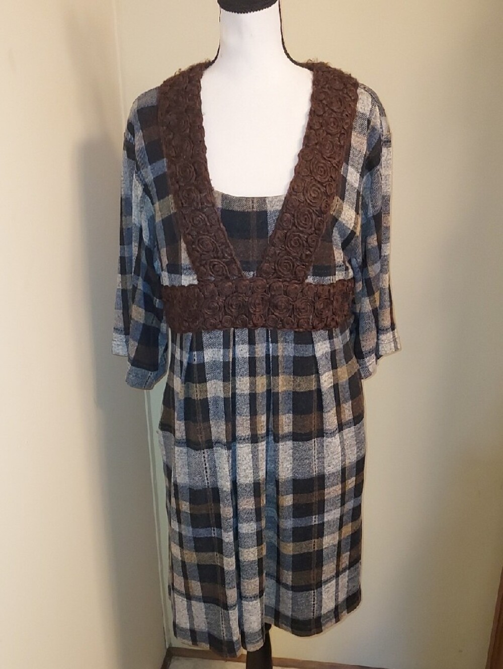 New Directions Plaid Midi Dress with Brown Rosette Trim